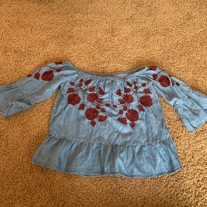 Off the shoulder denim embroidered shirt